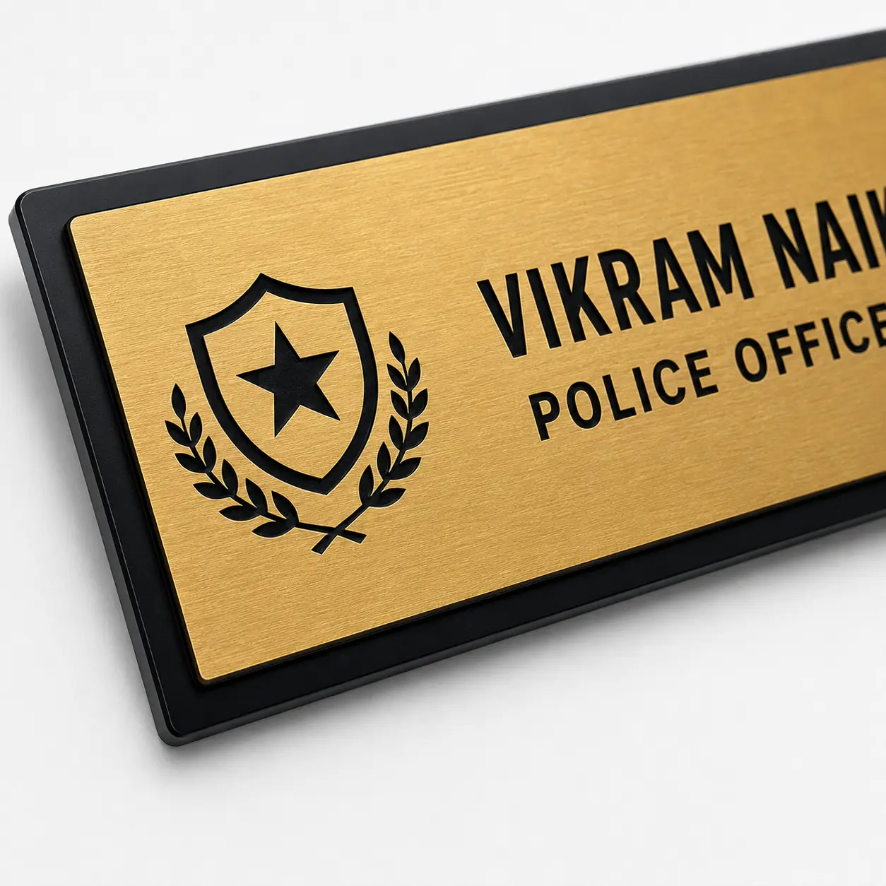 Custom Police Officer door name plate material close-up showing the 1.5 mm brushed face and 3 mm black acrylic base