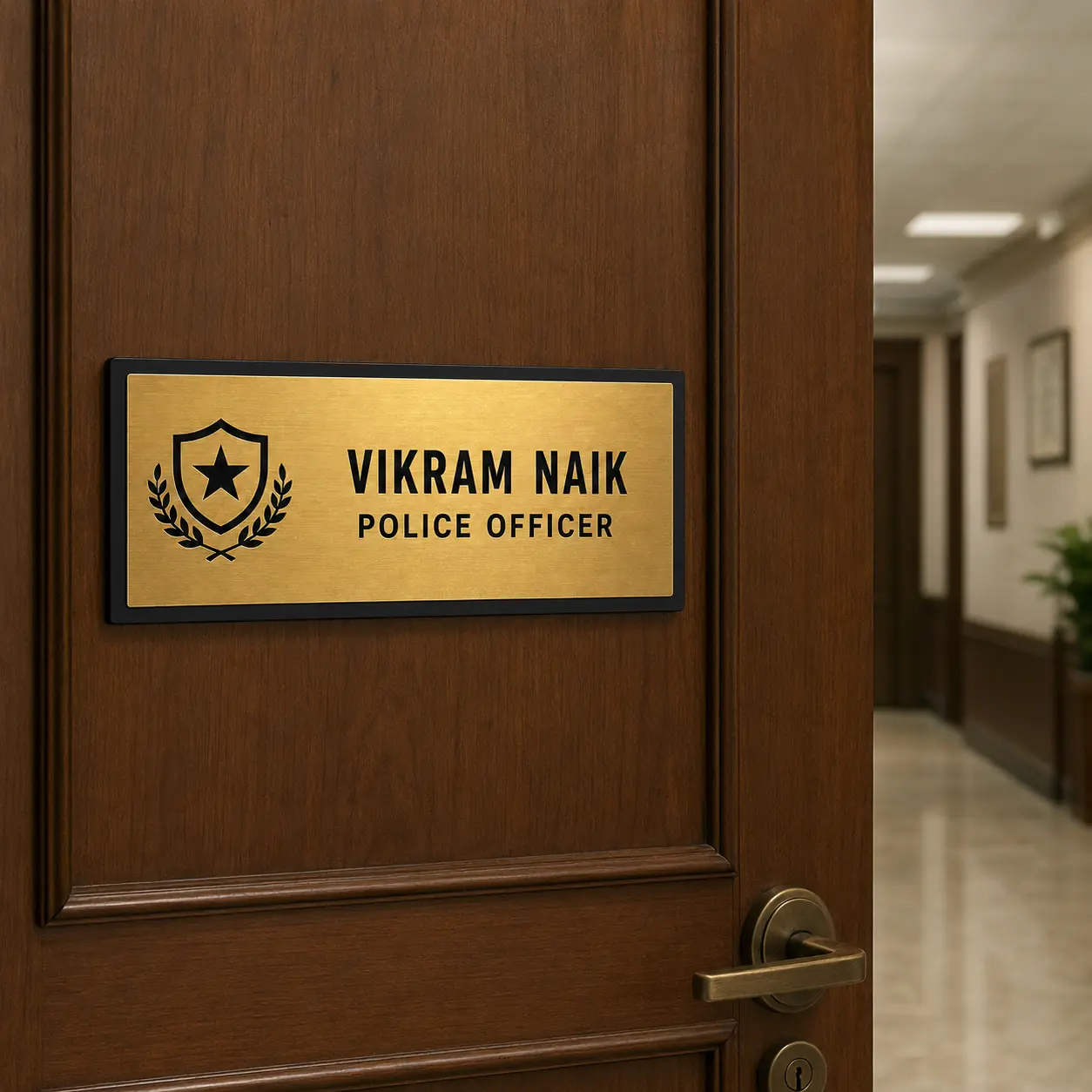 Custom Police Officer custom acrylic door name plate installed on a professional office door