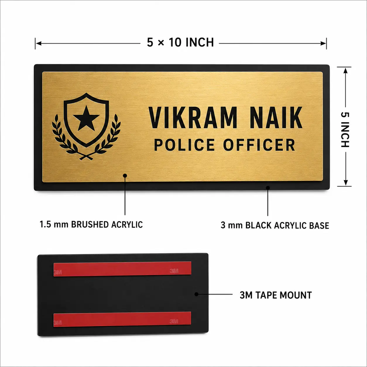 Custom Police Officer 5 × 10 inch acrylic door name plate size, material and 3M tape installation details