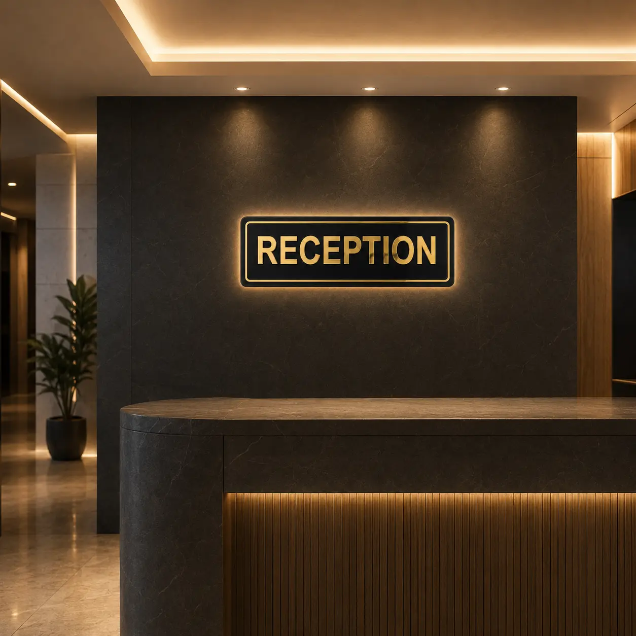 Luxury hotel reception sign board with gold mirror letters and warm LED backlighting installed behind a front desk