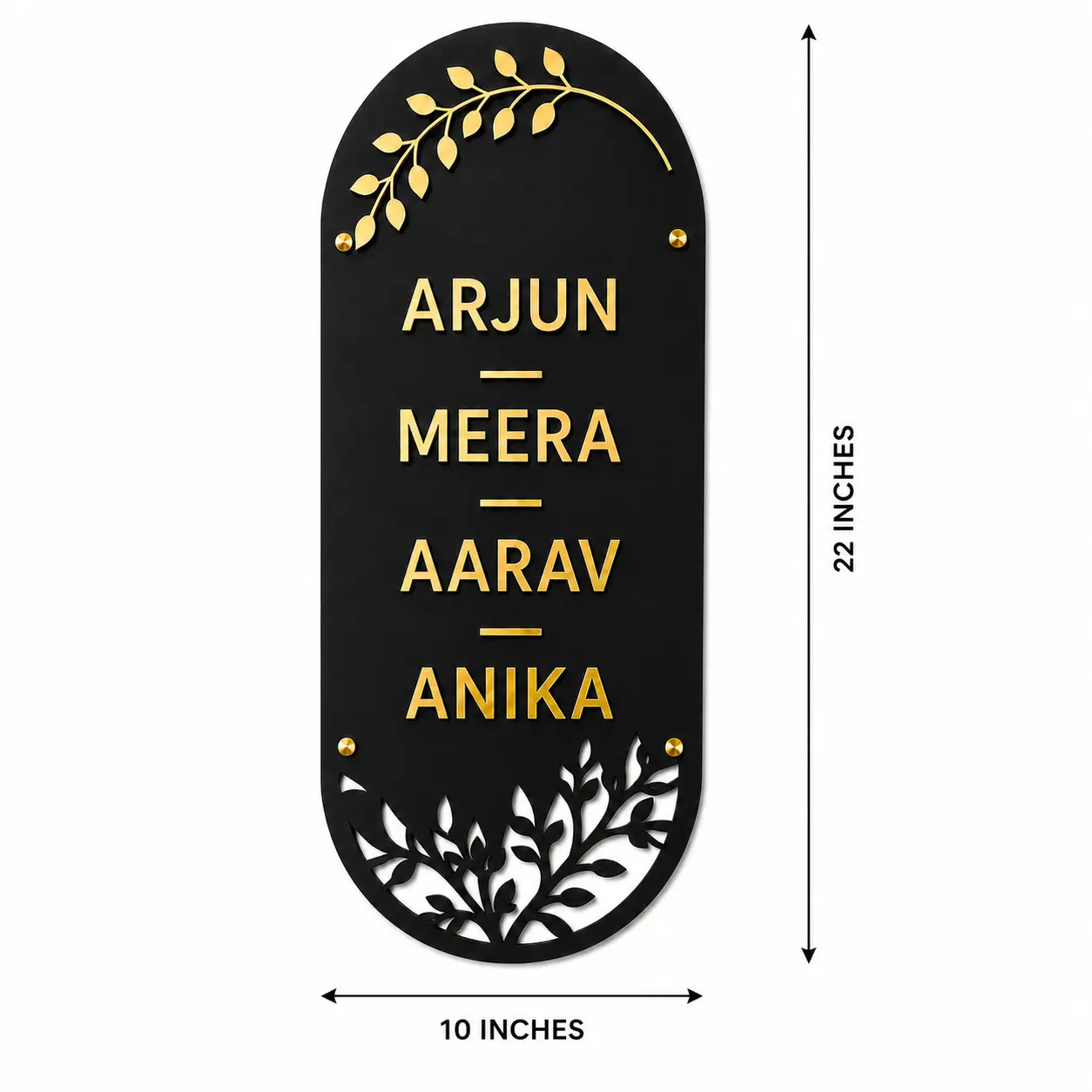 Size guide showing 10 inch width and 22 inch height for personalised acrylic family name plate