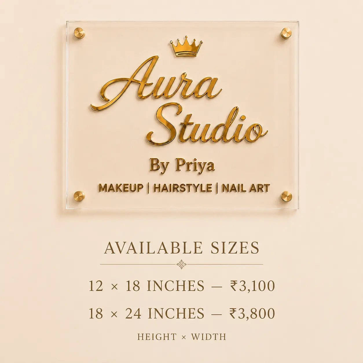Clear acrylic salon sign size options: 12 × 18 inches ₹3,100 and 18 × 24 inches ₹3,800