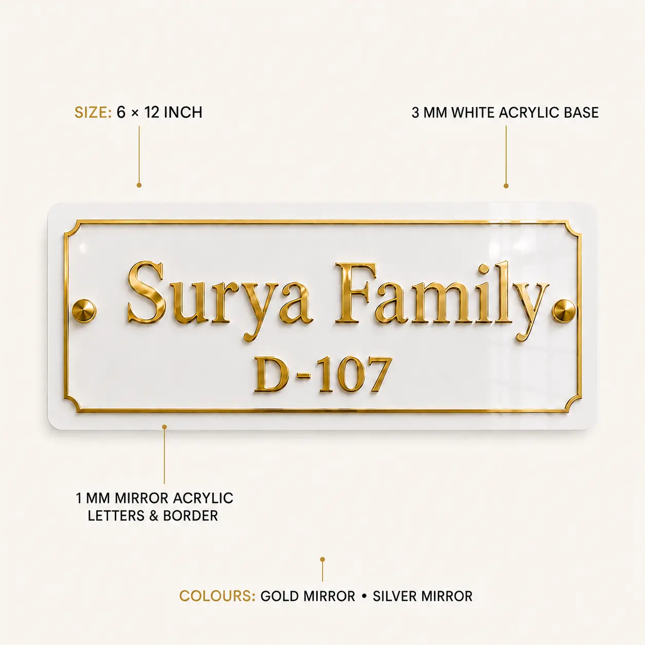 6×12 inch mirror acrylic name plate material and colour specifications