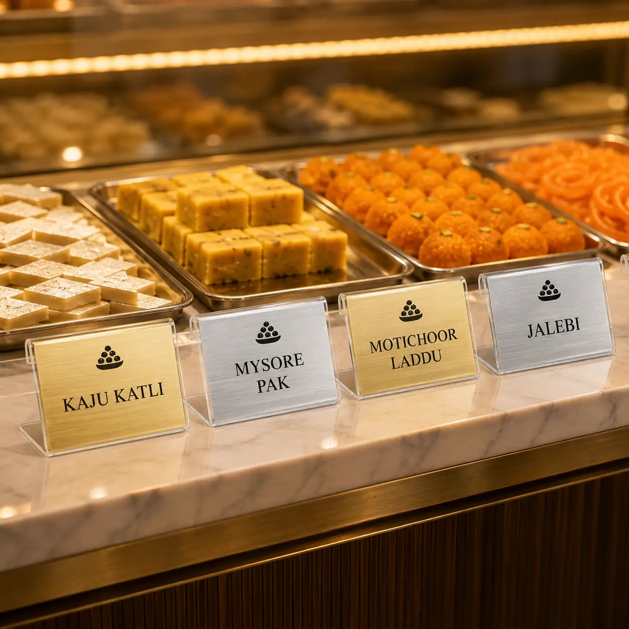 Custom gold and silver table label stands displayed at an Indian sweets and buffet counter