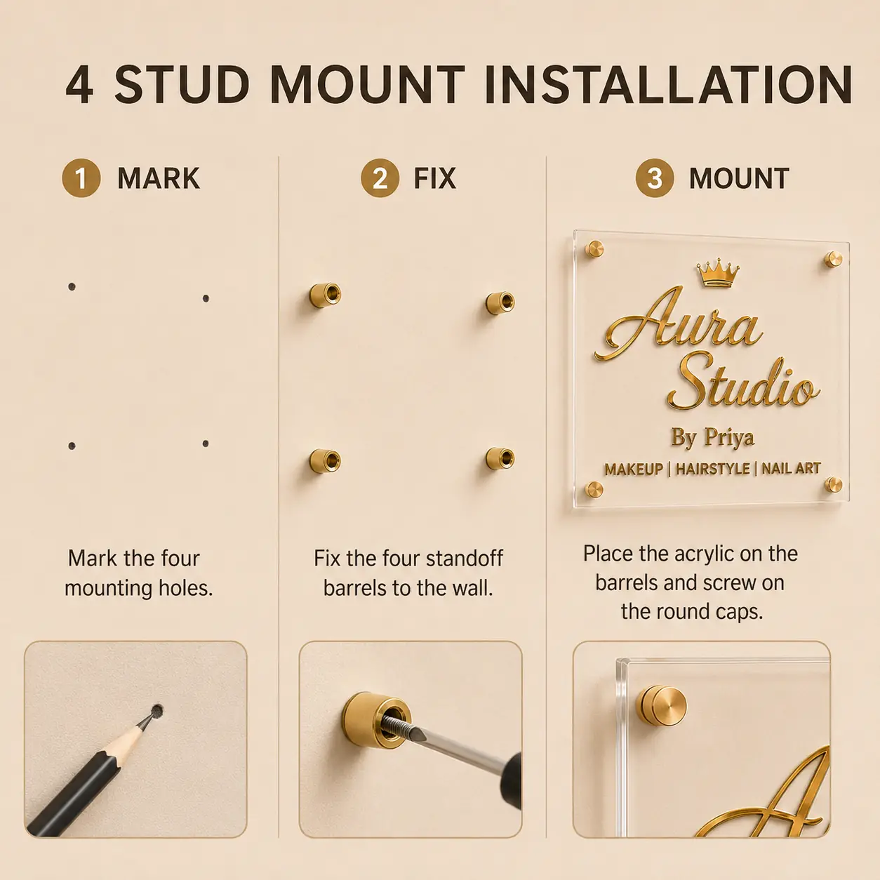 Four stud mount installation guide for clear acrylic and gold mirror salon sign board