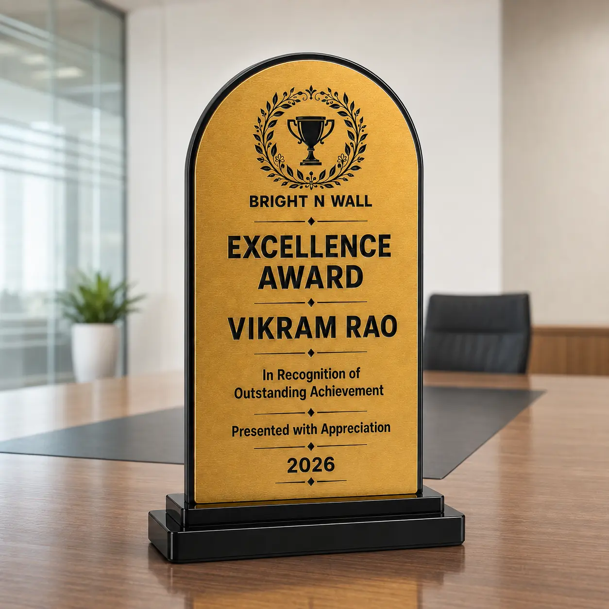 Rounded arch brushed gold acrylic Excellence Award trophy in a clean official corporate boardroom