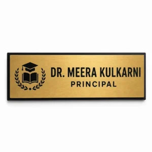 Custom School Principal brushed gold acrylic door name plate front hero view