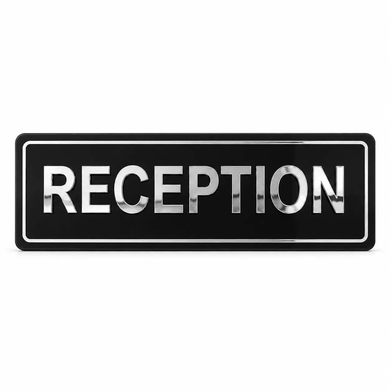 Premium 7 × 20 inch reception sign board with reflective silver mirror acrylic letters, rounded black base and silver border — front hero view