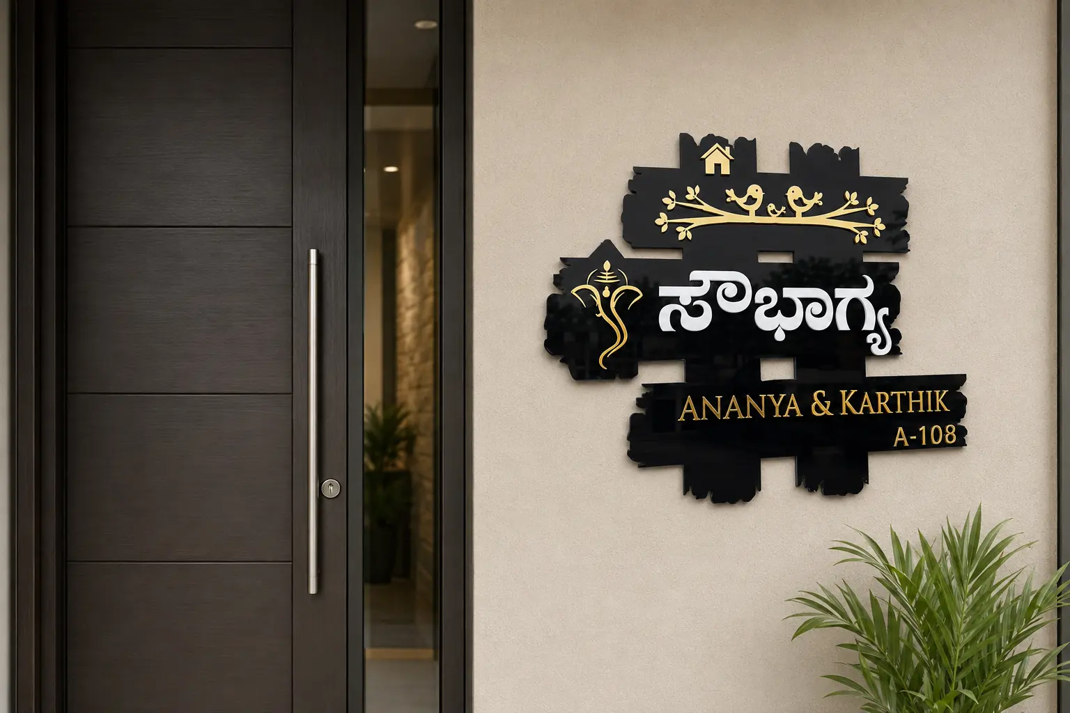 Saubhagya Custom Family Acrylic House Name Plate installed scale view showing premium personalized name plate