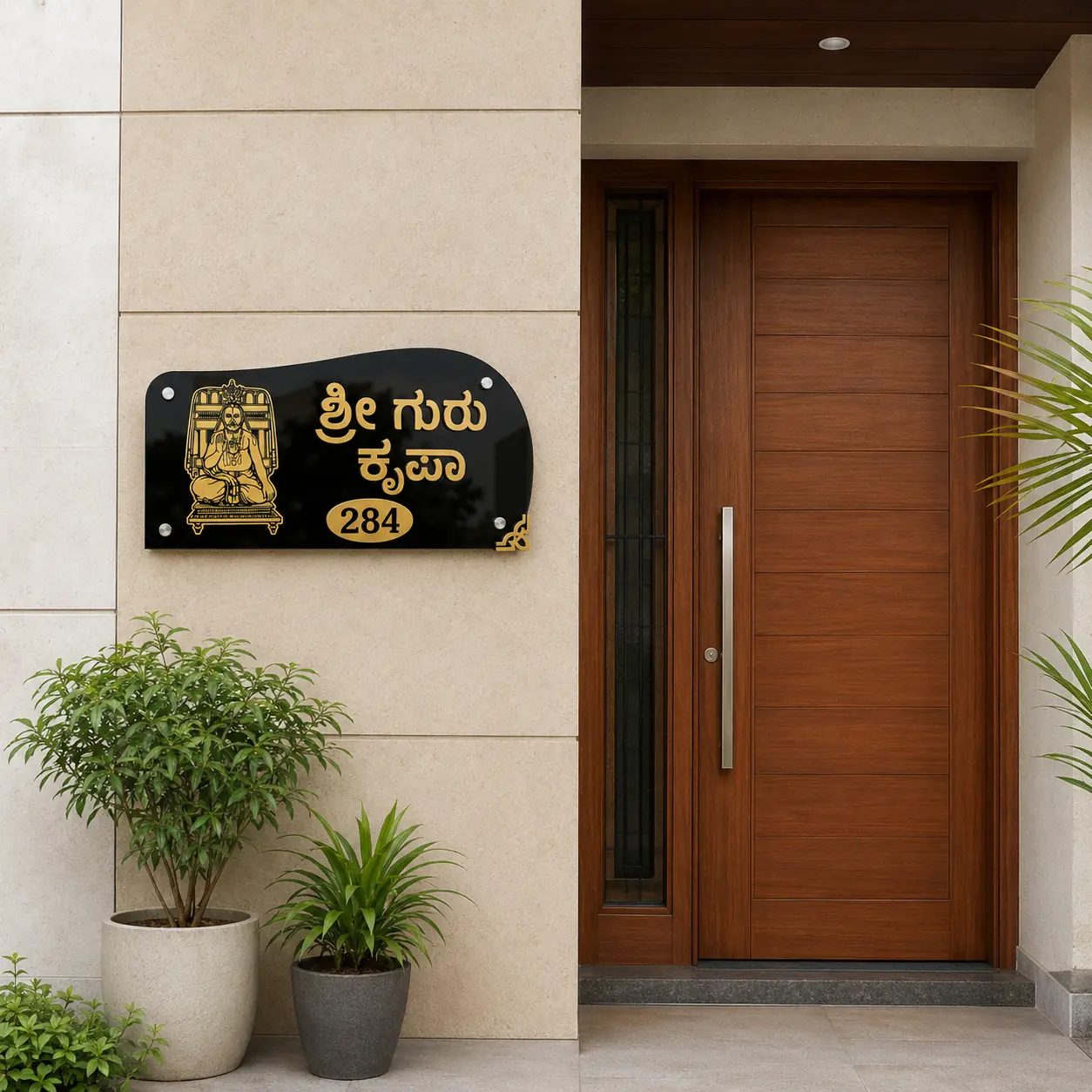 Sri Guru Krupa Raghavendra Acrylic House Name Plate installed scale view showing premium personalized name plate