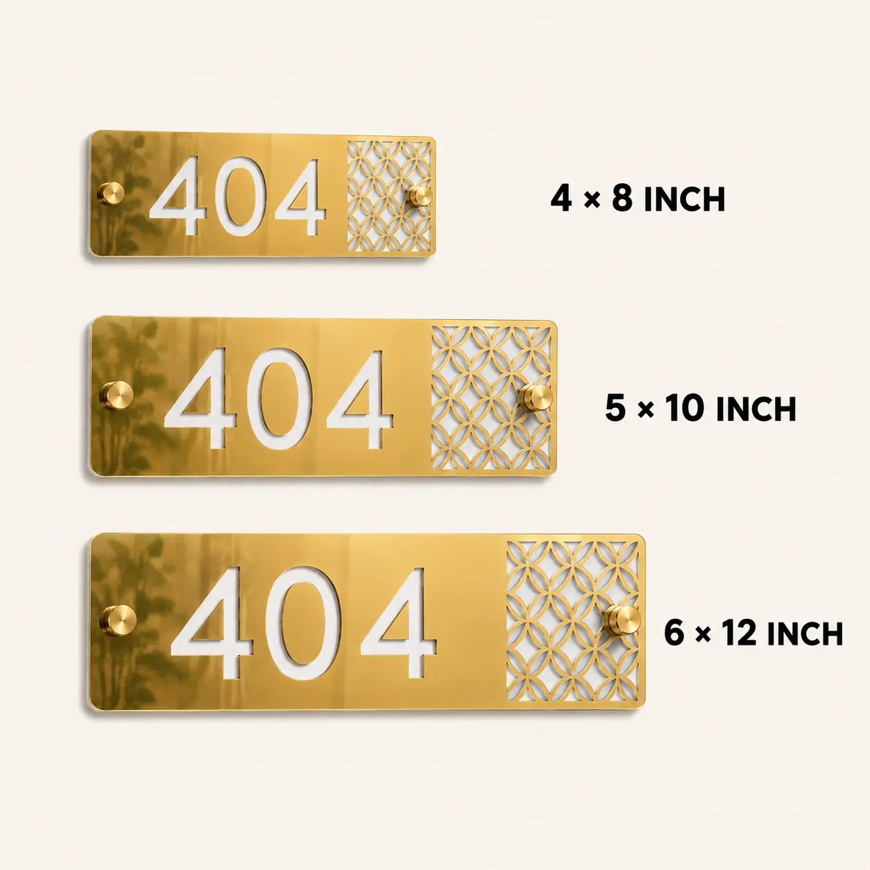 Gold Mirror Lattice Acrylic Apartment Number Plate size comparison showing 4 × 8, 5 × 10 and 6 × 12 inches