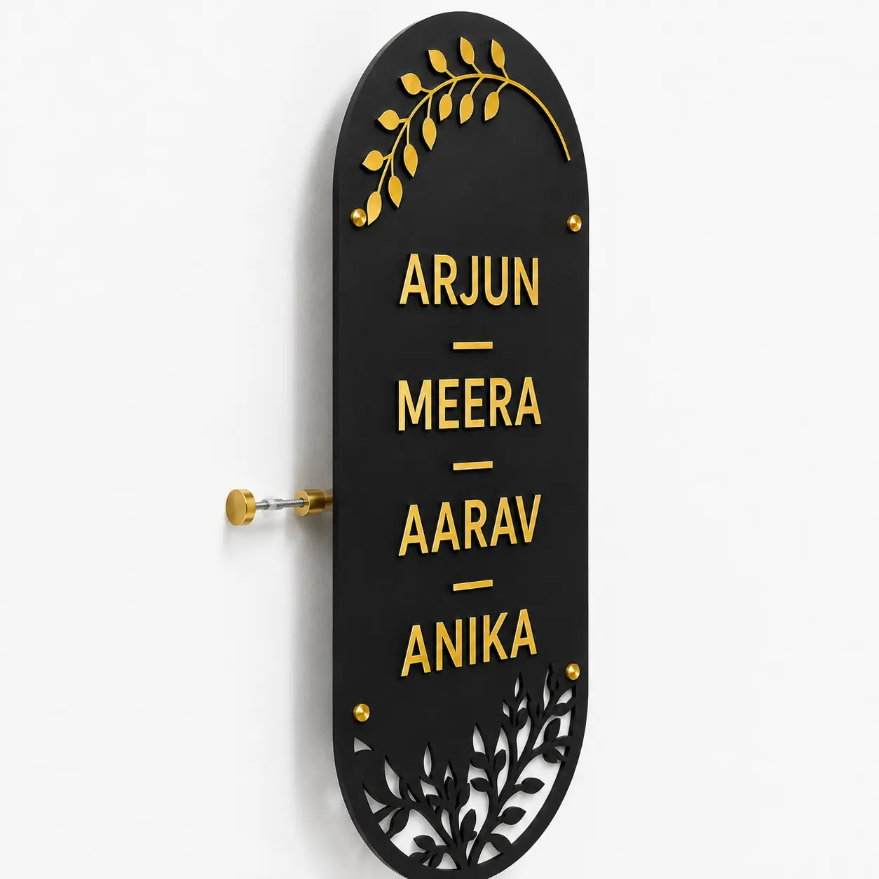 Side installation view of personalised acrylic family name plate with gold stud mounting