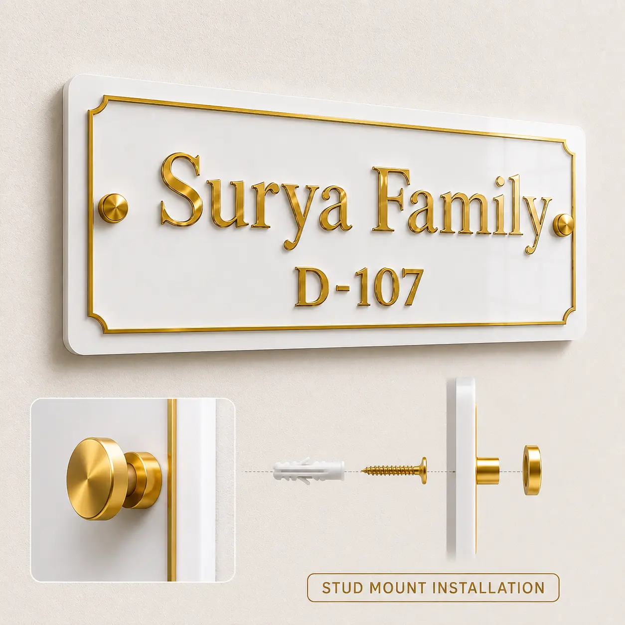 Two-side stud mount installation for acrylic house name plate