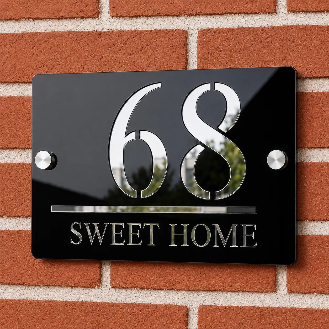 Sweet Home acrylic house number plate installed with exactly two centerline studs