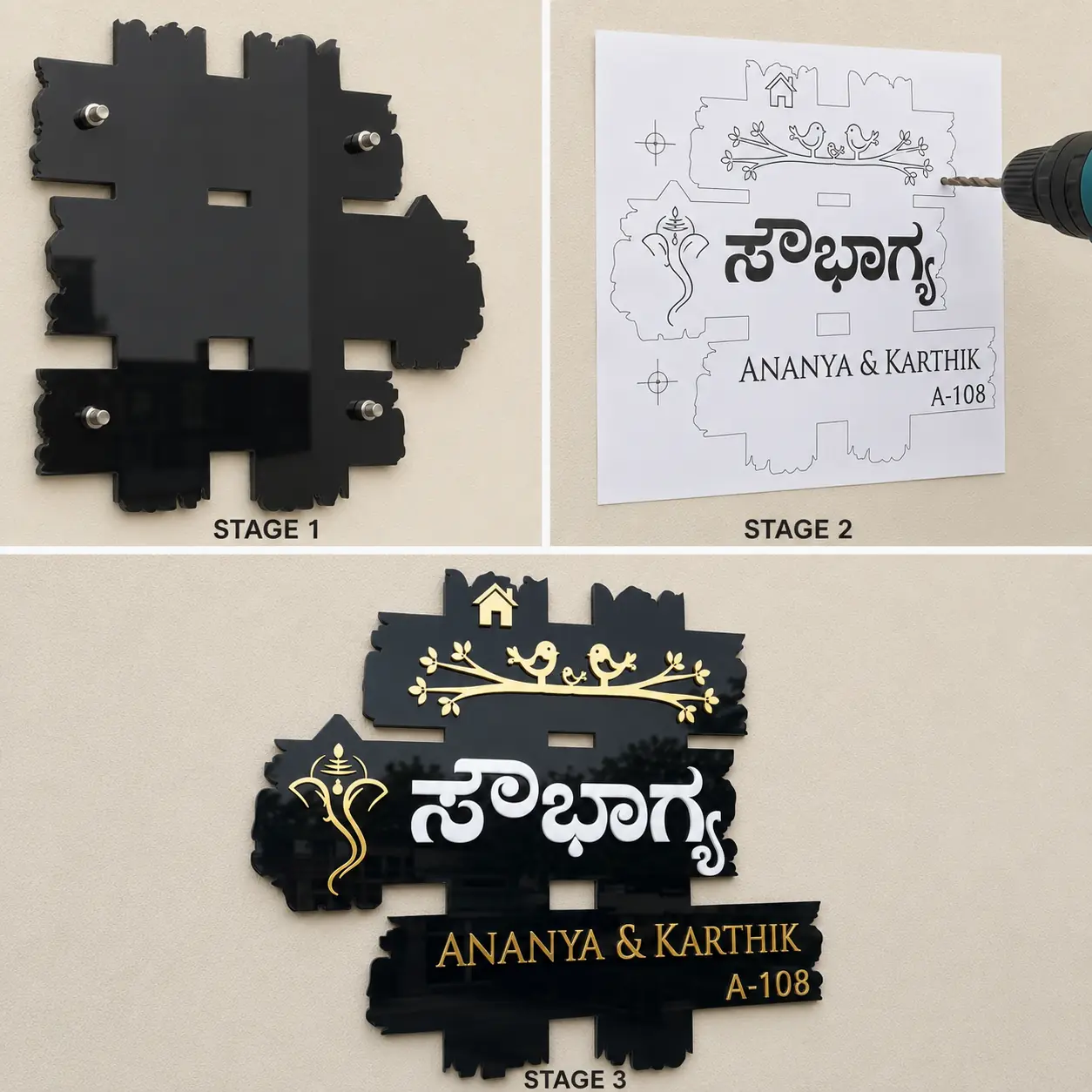 Saubhagya Custom Family Acrylic House Name Plate stud installation guide showing premium personalized name plate