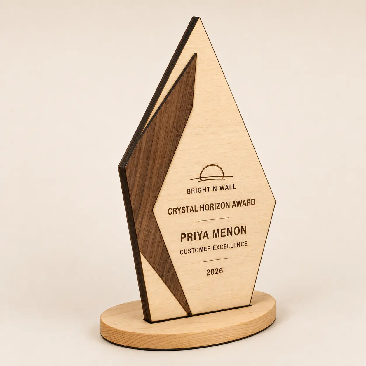Crystal Horizon Award laser-cut wood and dark burned-edge close-up
