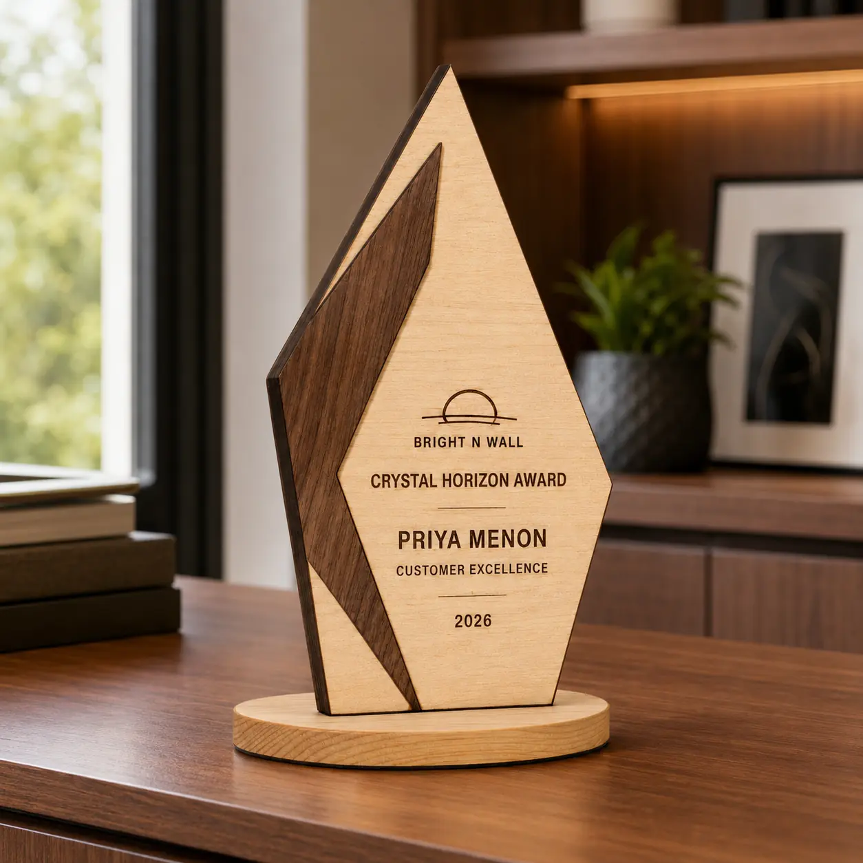 Crystal Horizon Award displayed in a realistic presentation setting