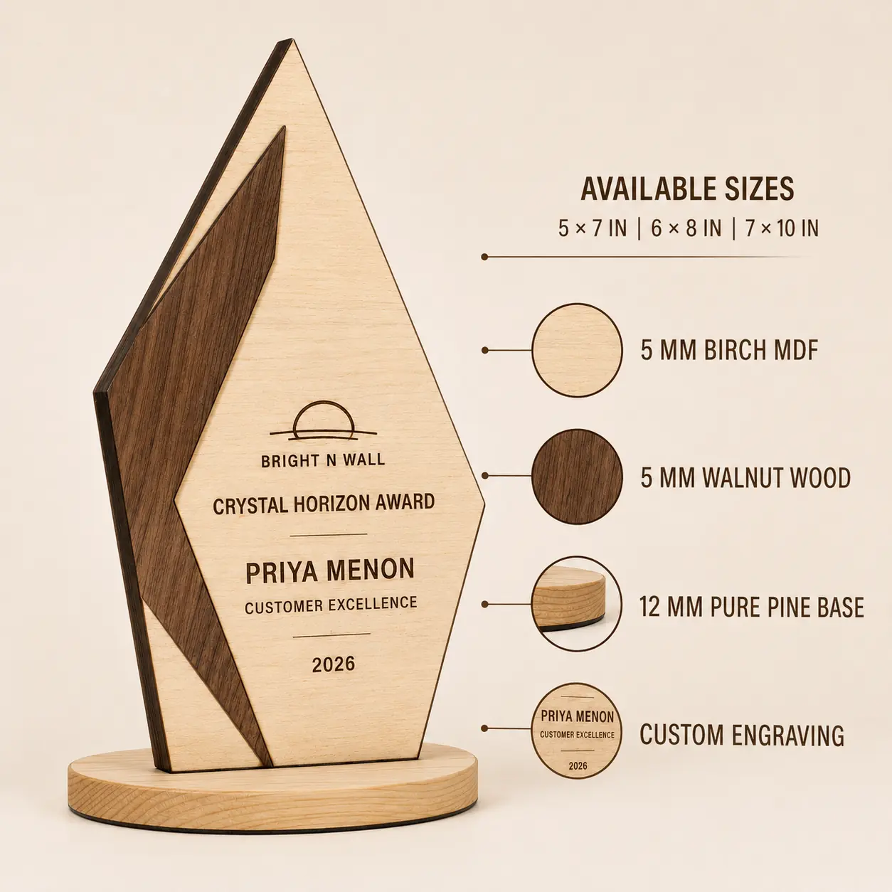 Crystal Horizon Award sizes and wood material details