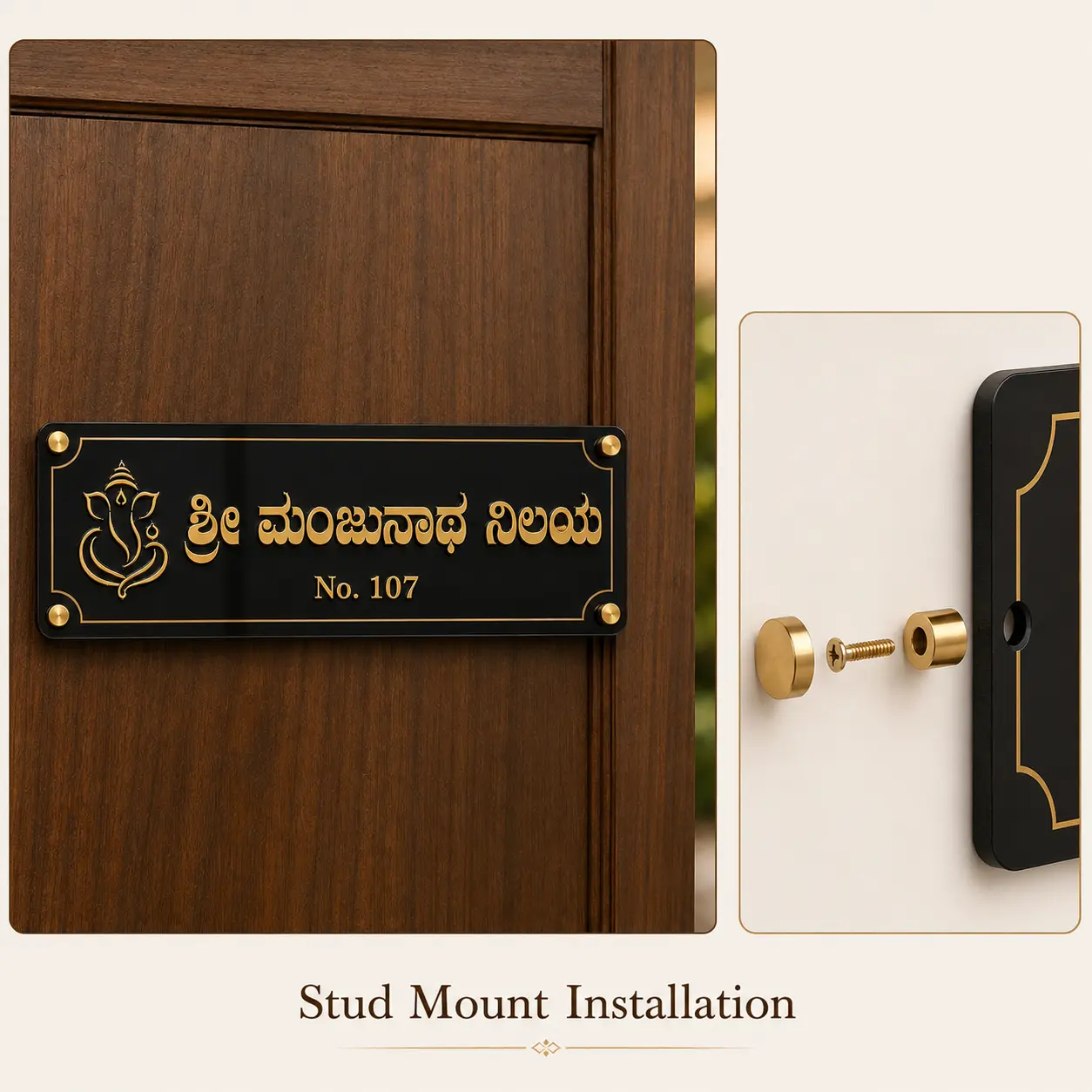 Gold stud mount installation detail for white floral Kannada acrylic door name plate