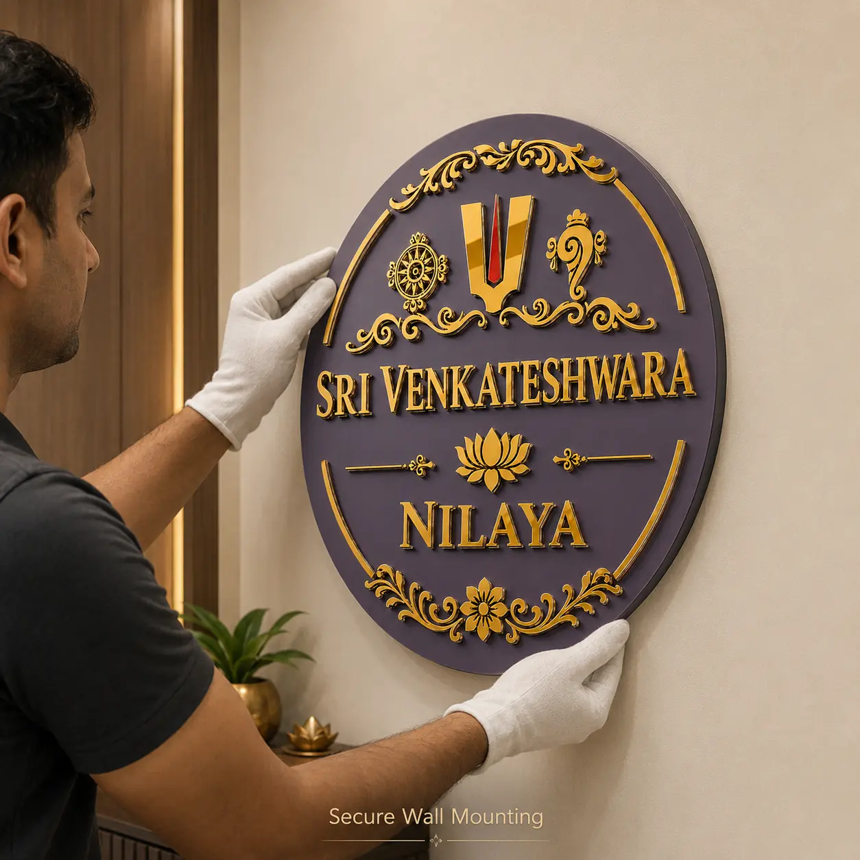 Stud mount installation detail for round Venkateshwara name plate