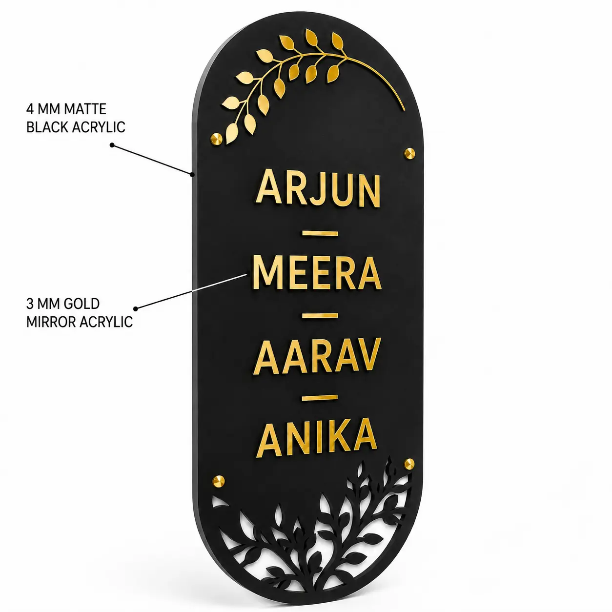 Material guide for 4 mm matte-black acrylic base and 3 mm gold-mirror acrylic letters