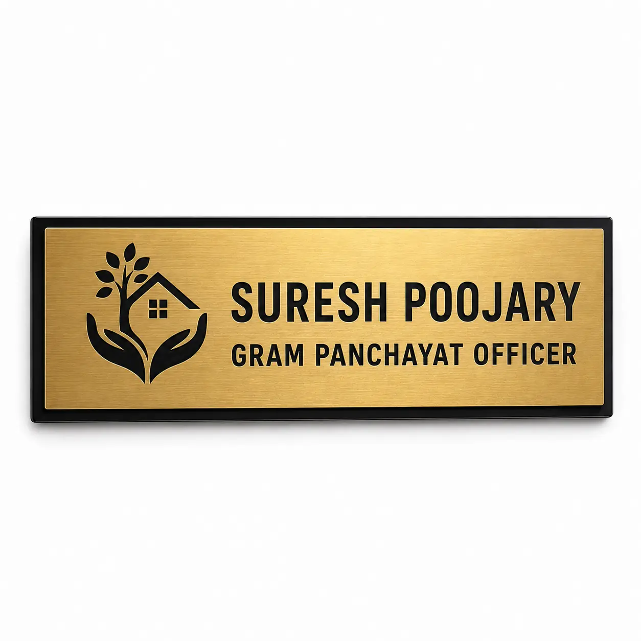 Custom Gram Panchayat Officer brushed gold acrylic door name plate front hero view
