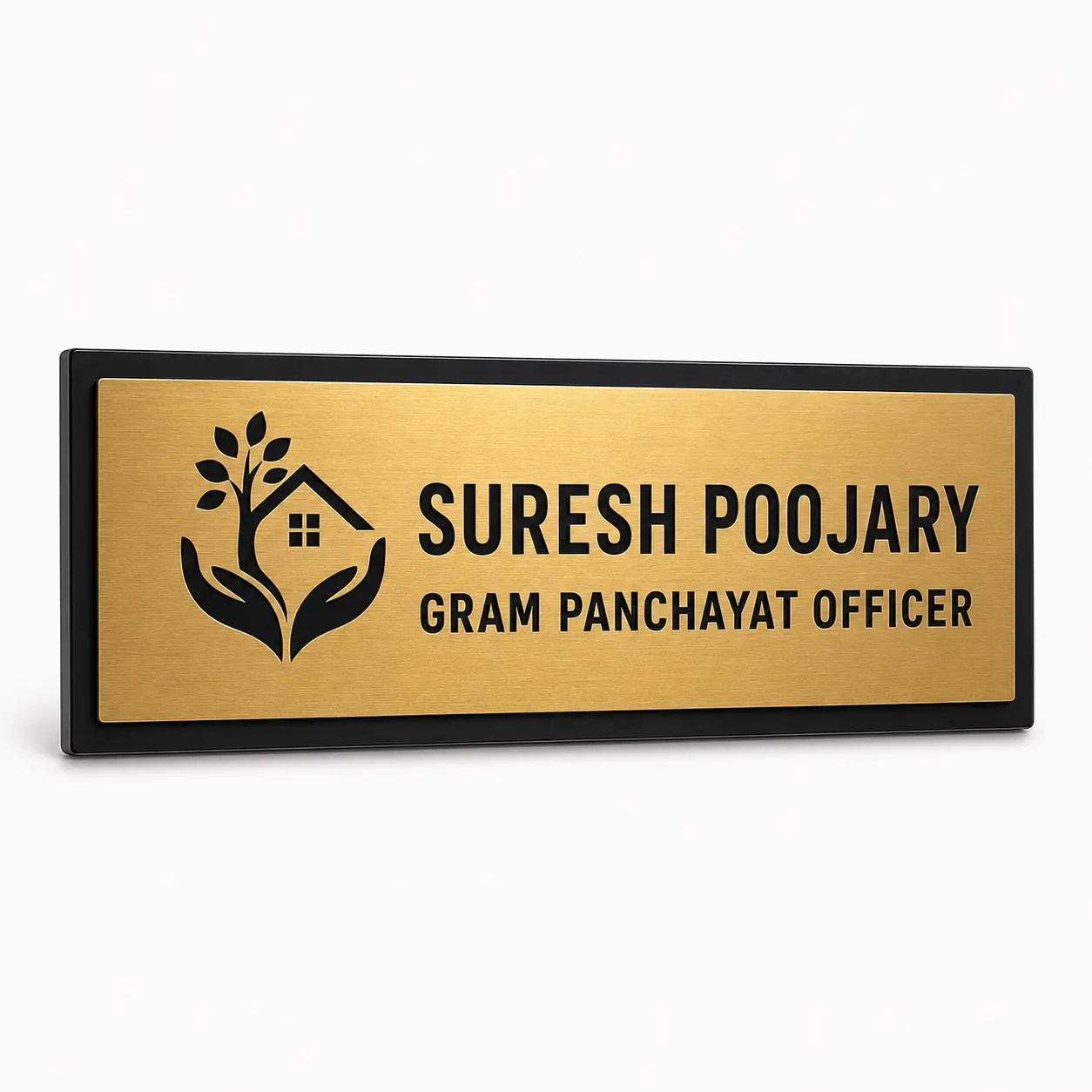 Custom Gram Panchayat Officer brushed gold acrylic door name plate angled product view