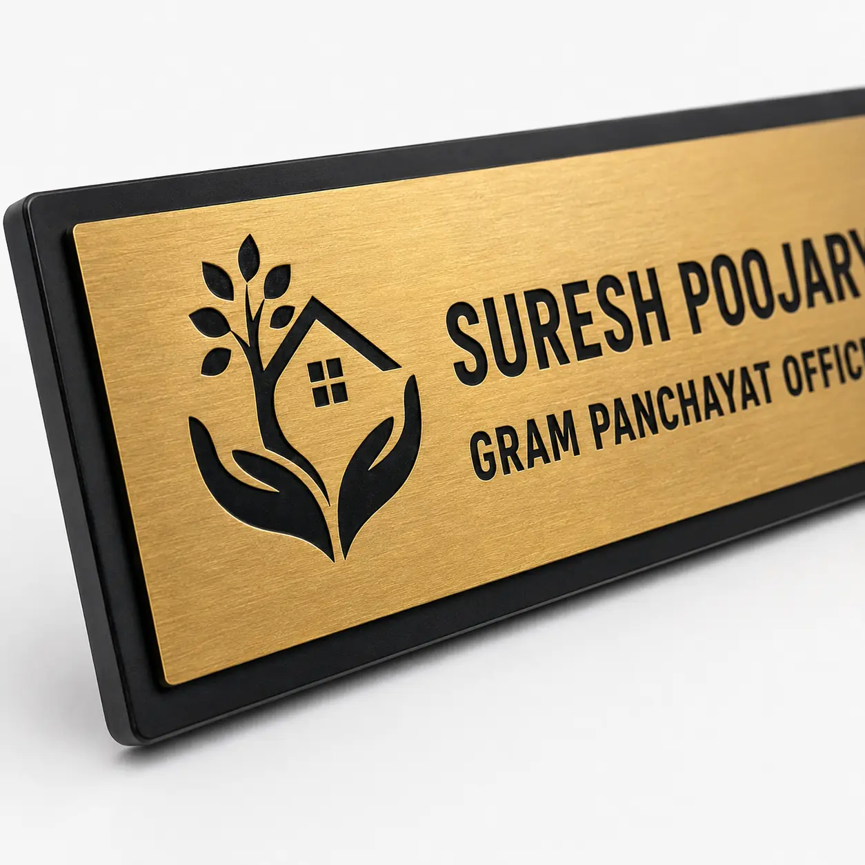 Custom Gram Panchayat Officer door name plate material close-up showing the 1.5 mm brushed face and 3 mm black acrylic base