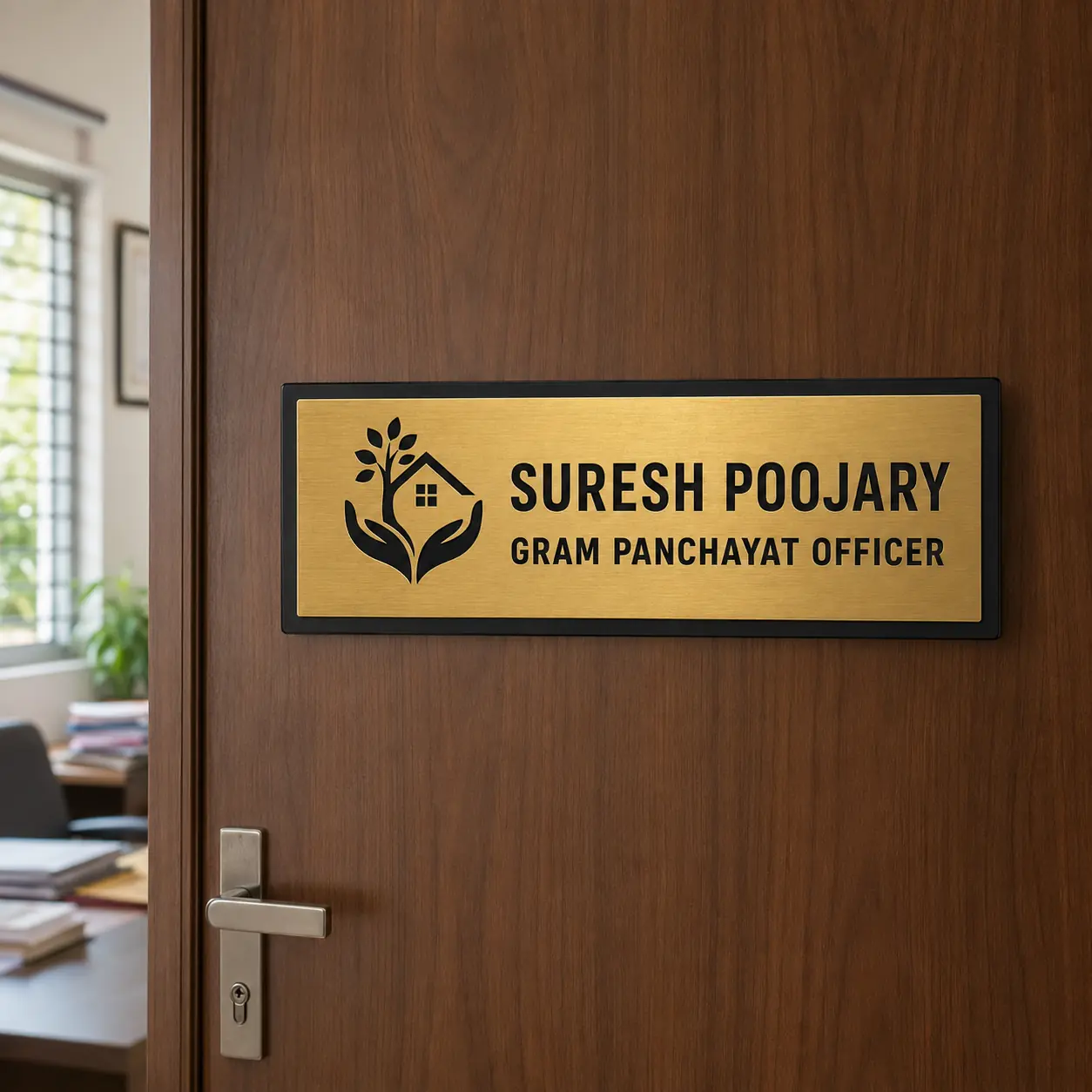Custom Gram Panchayat Officer acrylic door name plate installed on a professional office door
