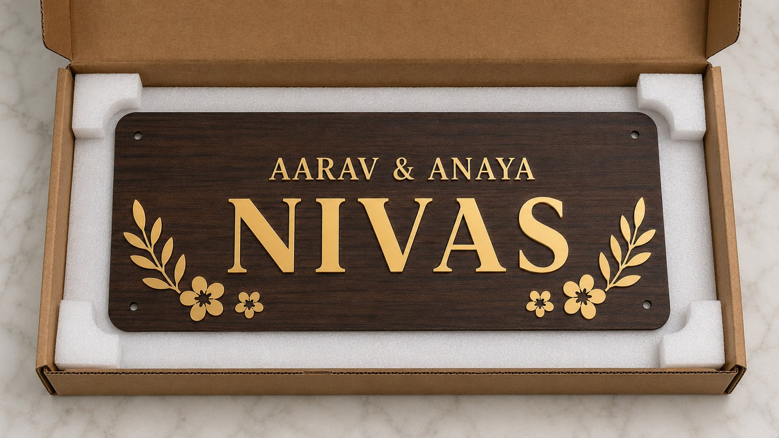 Walnut ACP and gold mirror acrylic family name plate packed securely for delivery