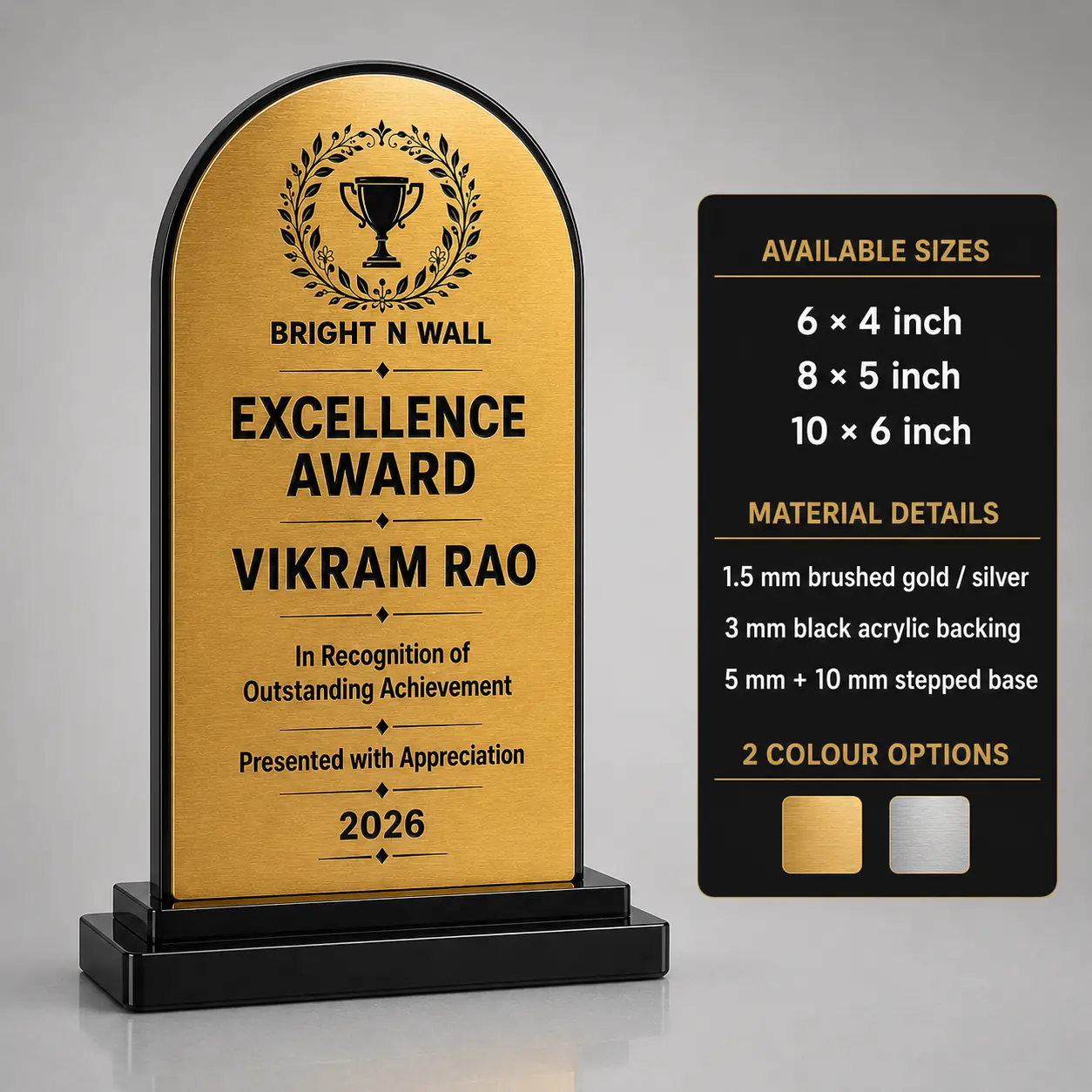 Rounded arch Excellence Award trophy sizes 6 × 4, 8 × 5 and 10 × 6 inch with brushed gold and silver options