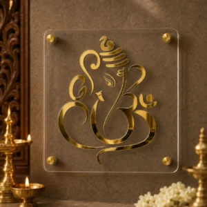 Gold mirror acrylic Ganesha wall panel on 3 mm clear acrylic base installed in a premium pooja room