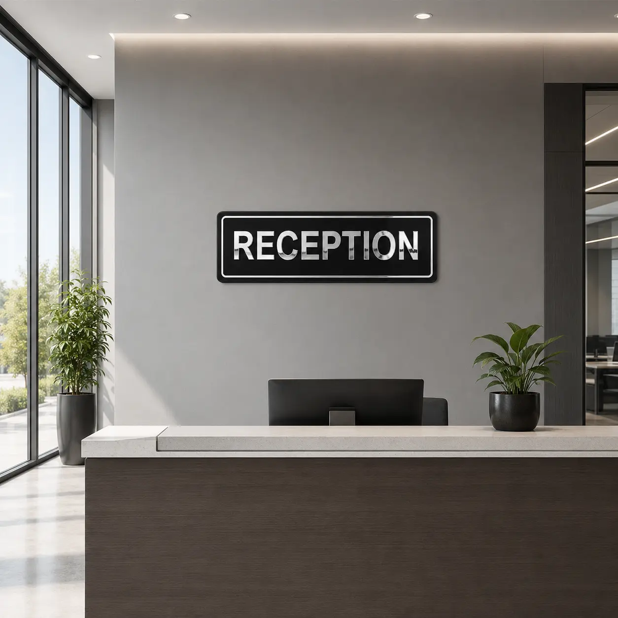 Silver mirror acrylic reception sign board installed in a contemporary corporate office reception
