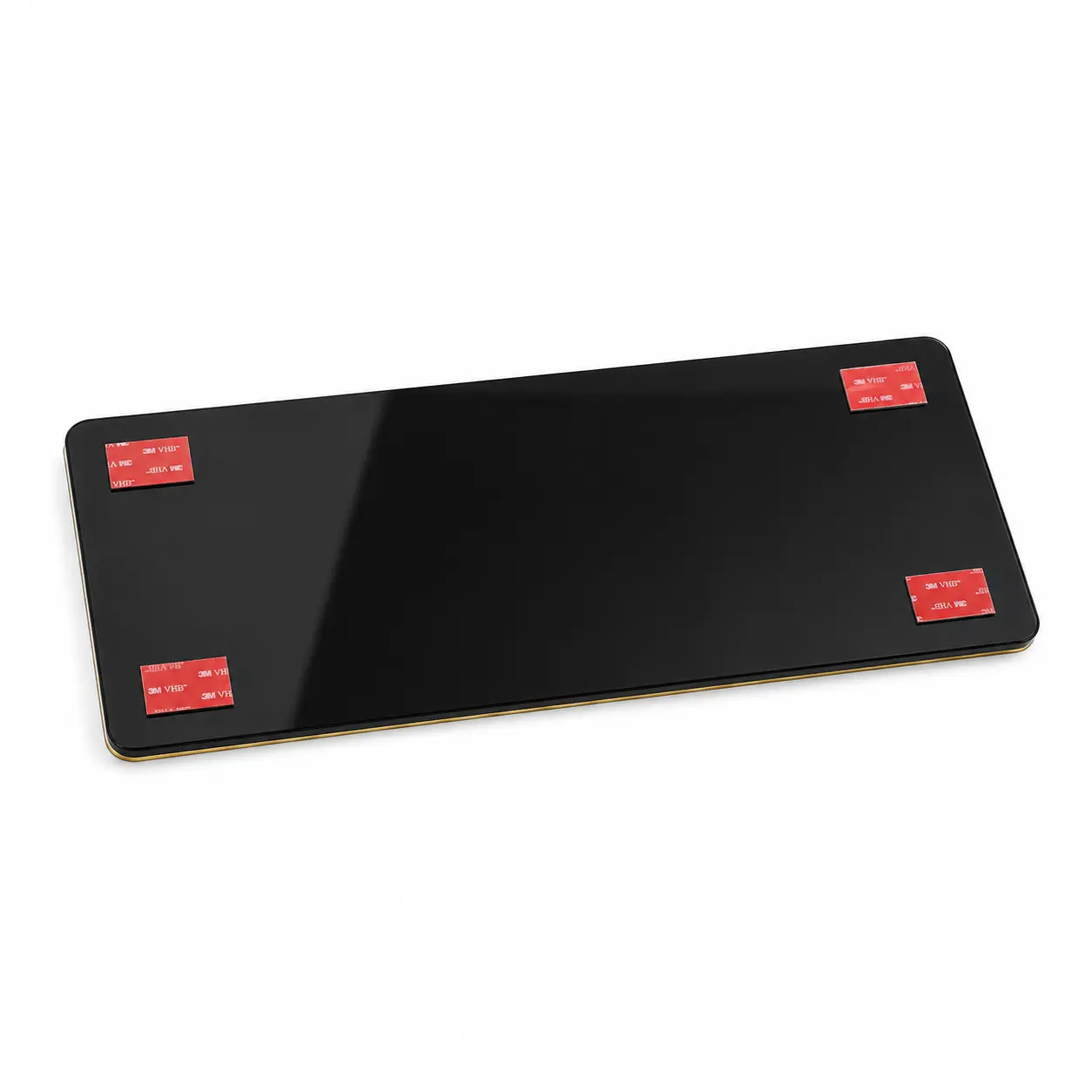 Rear view of rounded black acrylic reception sign board showing four concealed 3M VHB adhesive mounting pads