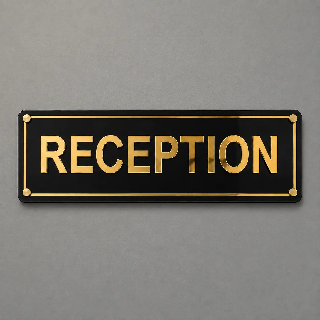 Gold mirror reception sign board installed with four premium polished corner standoff studs