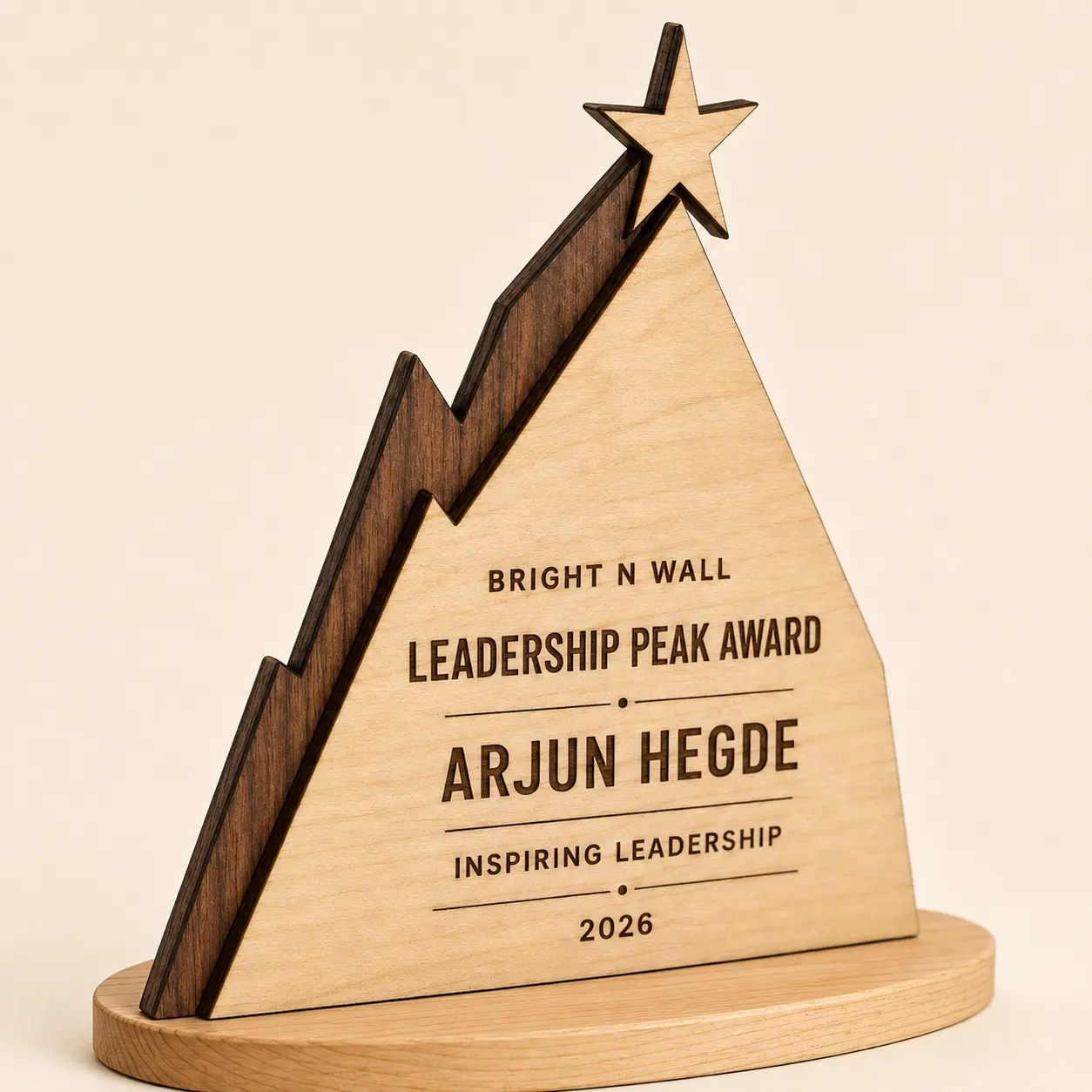Leadership Peak Award laser-cut wood and dark burned-edge close-up