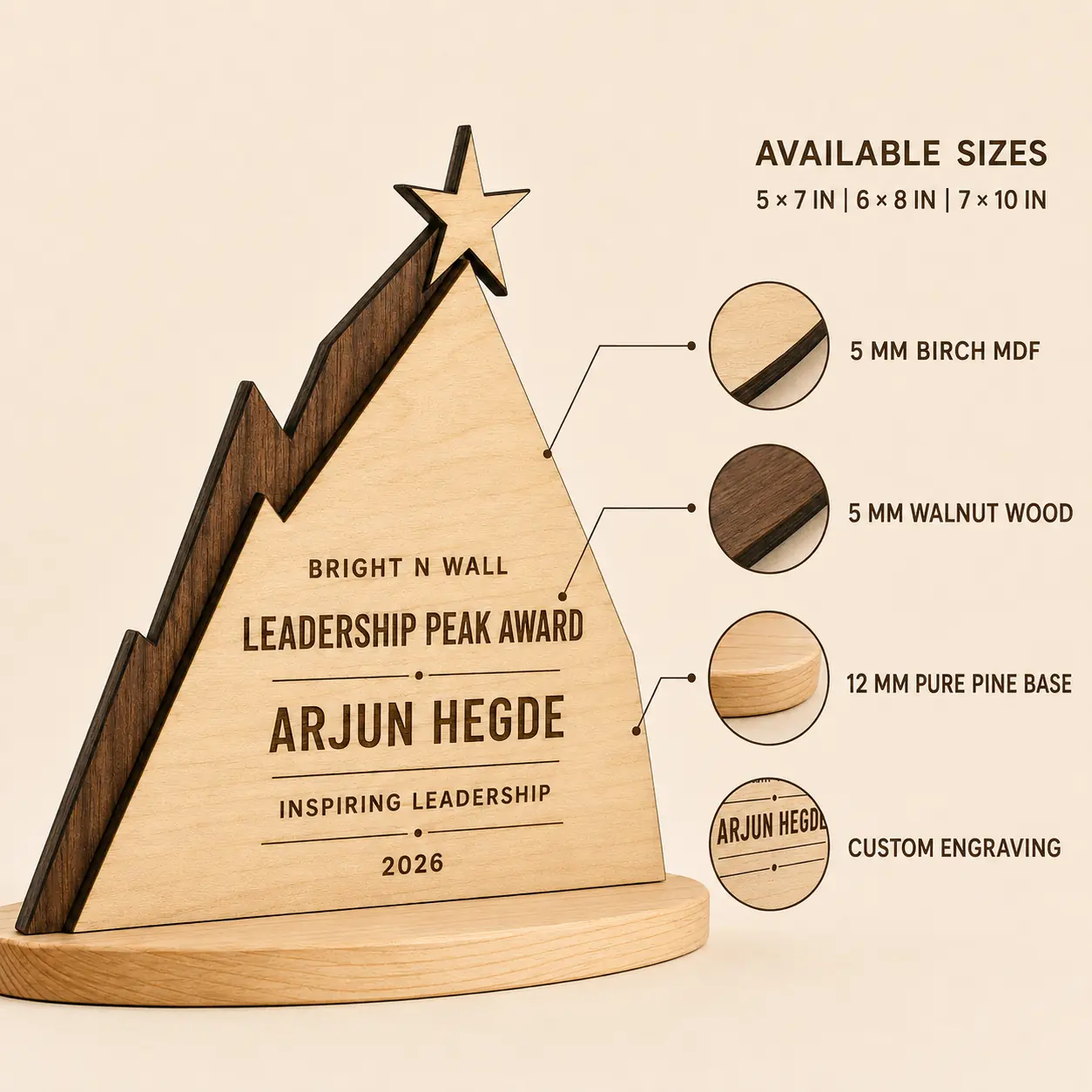 Leadership Peak Award sizes and wood material details