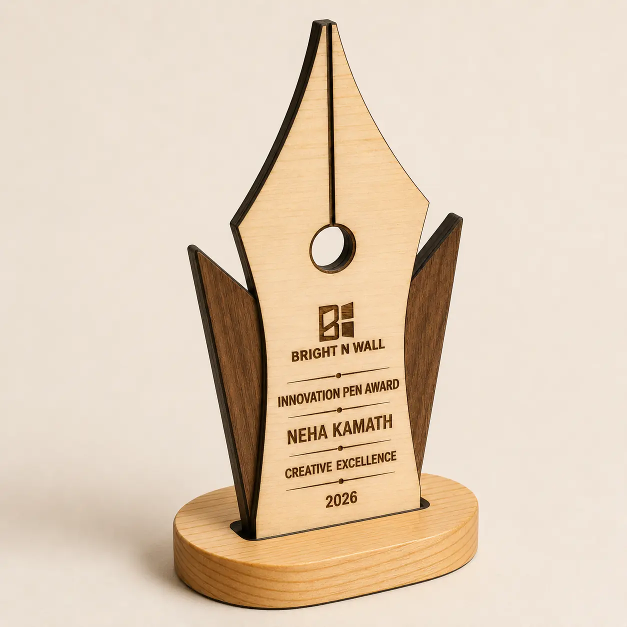 Innovation Pen Award laser-cut wood and dark burned-edge close-up
