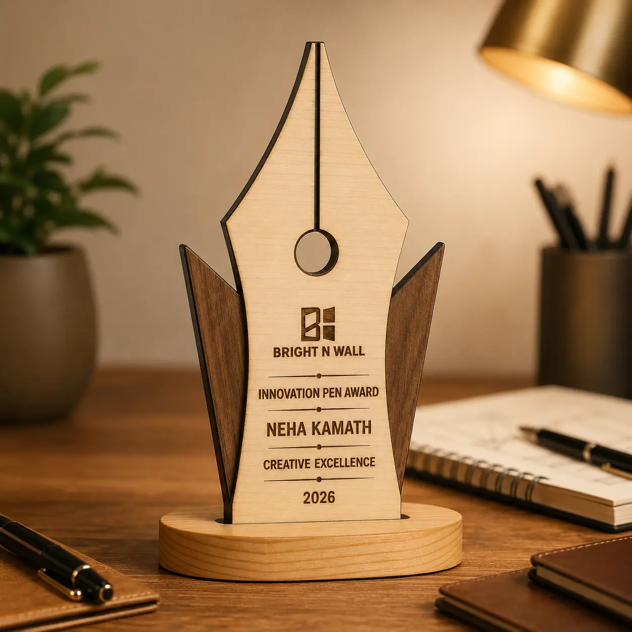Innovation Pen Award displayed in a realistic presentation setting