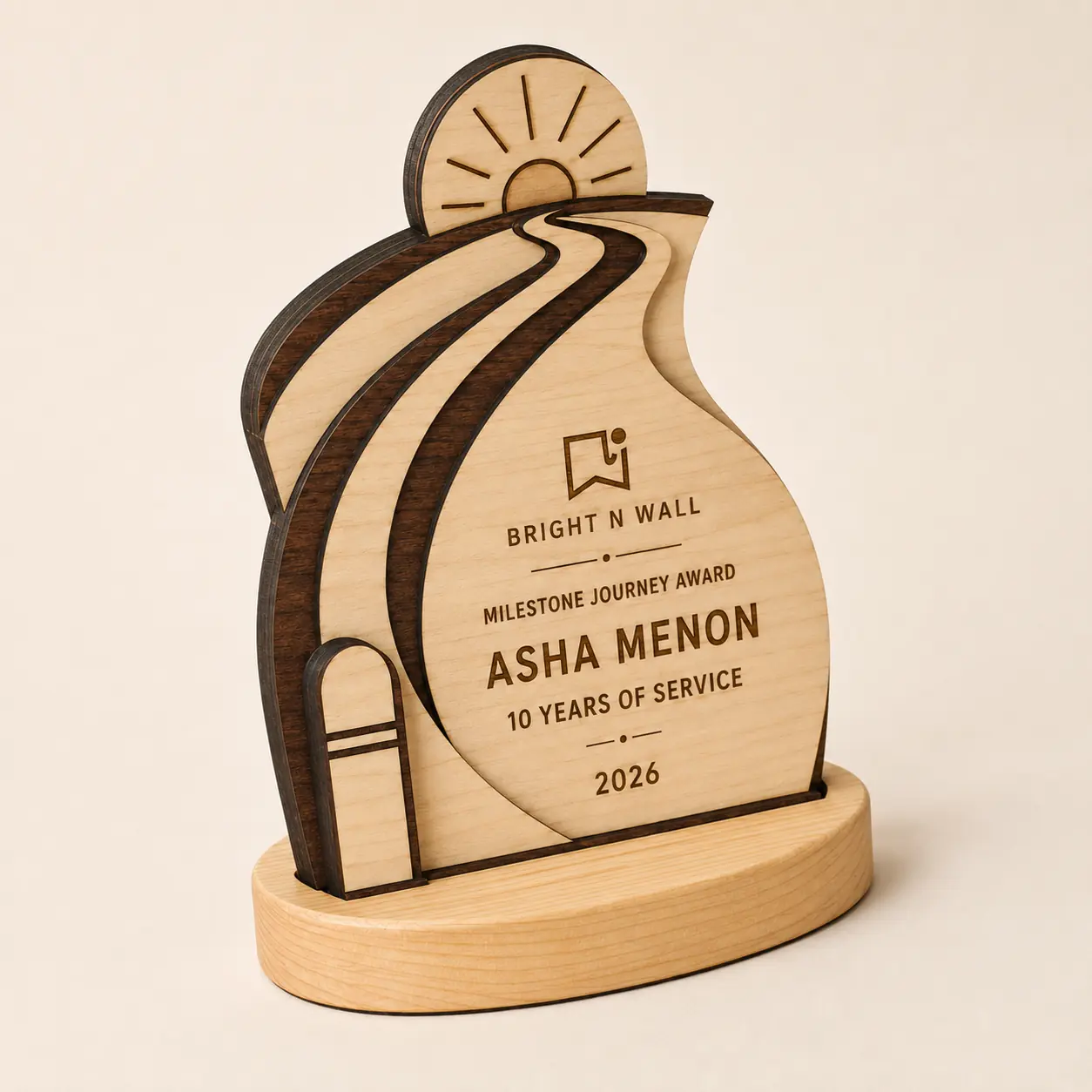 Milestone Journey Award laser-cut wood and dark burned-edge close-up