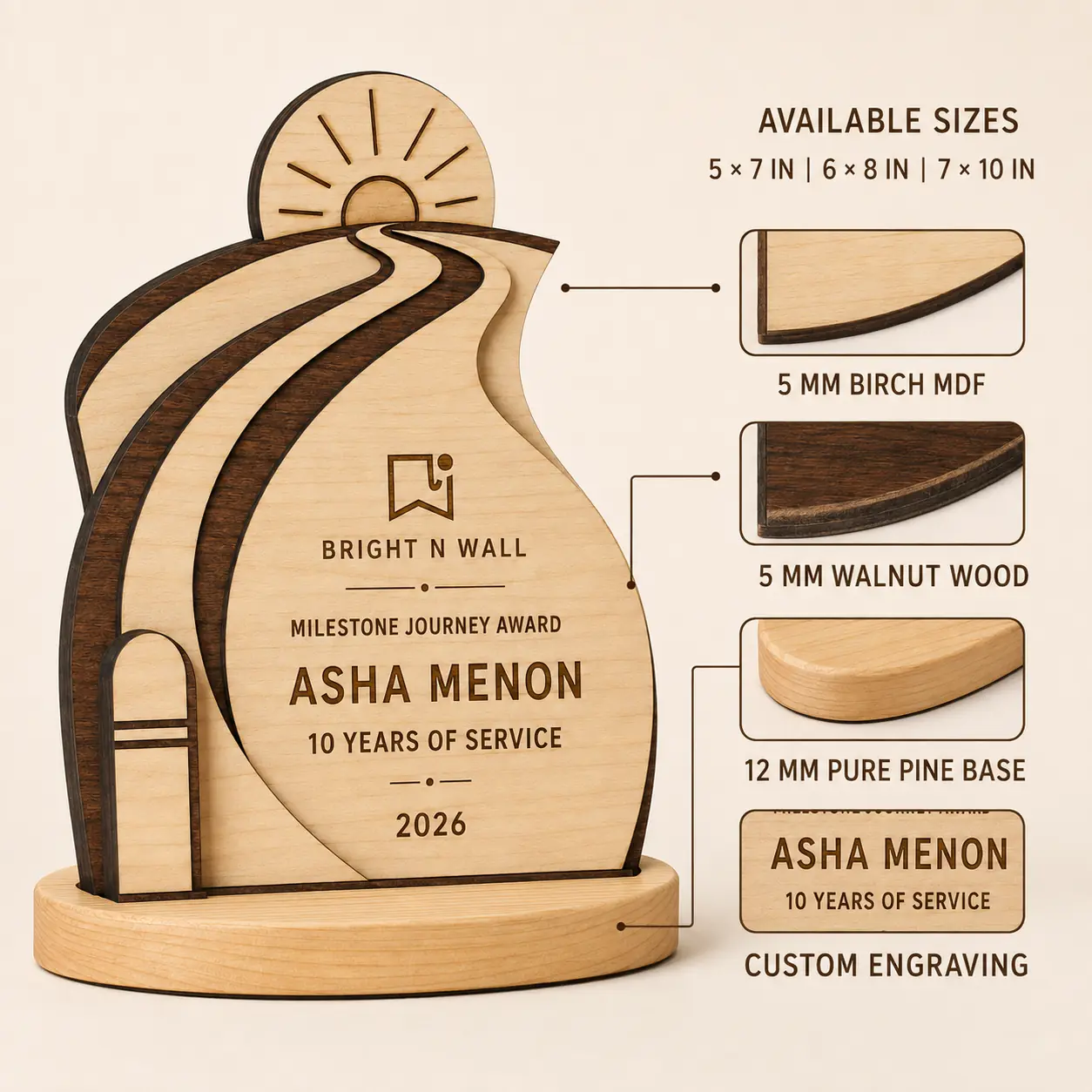 Milestone Journey Award sizes and wood material details