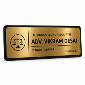 Advocate lawyer office brushed gold engraved name plate – front hero view