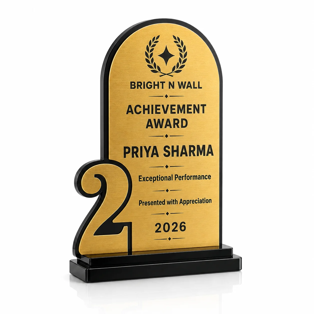 Bright N Wall No. 2 Achievement Award trophy brushed gold front hero view