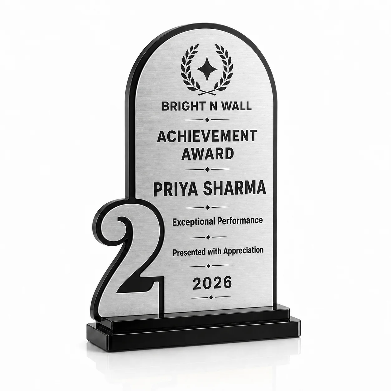 Bright N Wall No. 2 Achievement Award trophy brushed silver colour variation