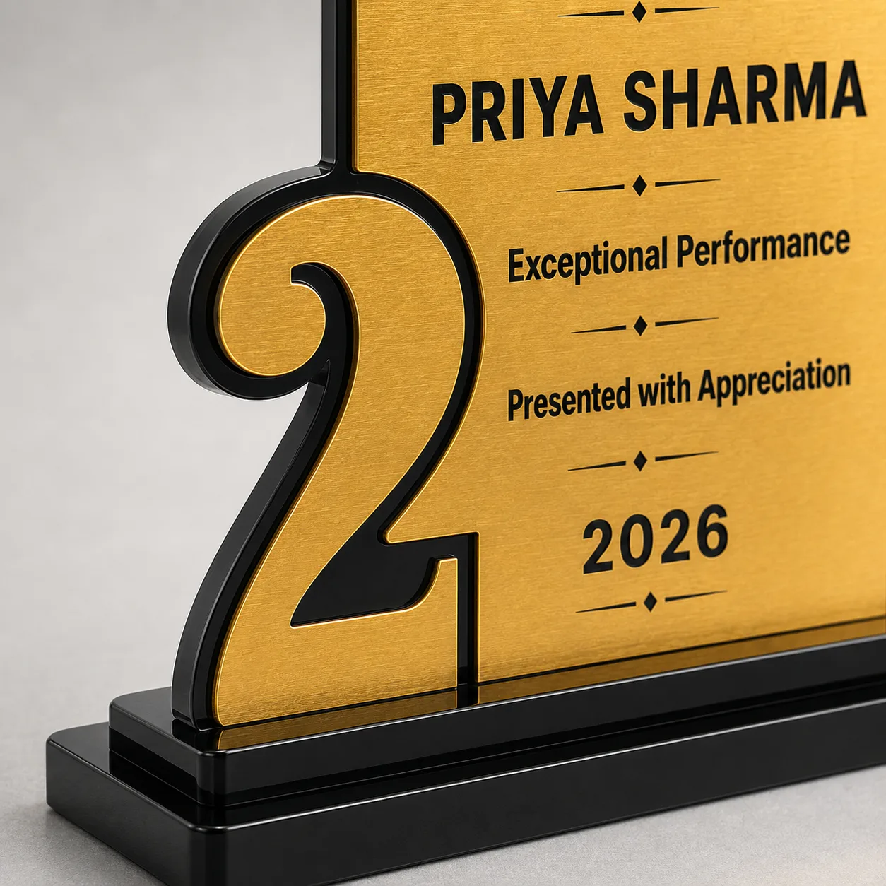 Bright N Wall No. 2 Achievement Award trophy 1.5 mm brushed face and 3 mm black acrylic backing close-up