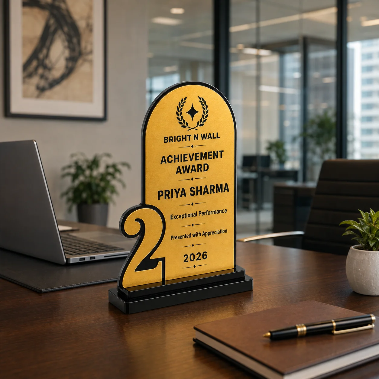 Bright N Wall No. 2 Achievement Award trophy personalised acrylic award displayed on an executive office desk