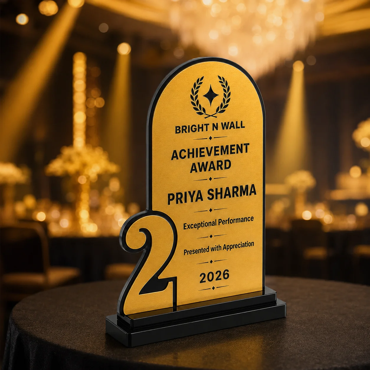 Bright N Wall No. 2 Achievement Award trophy personalised acrylic trophy at a corporate award ceremony