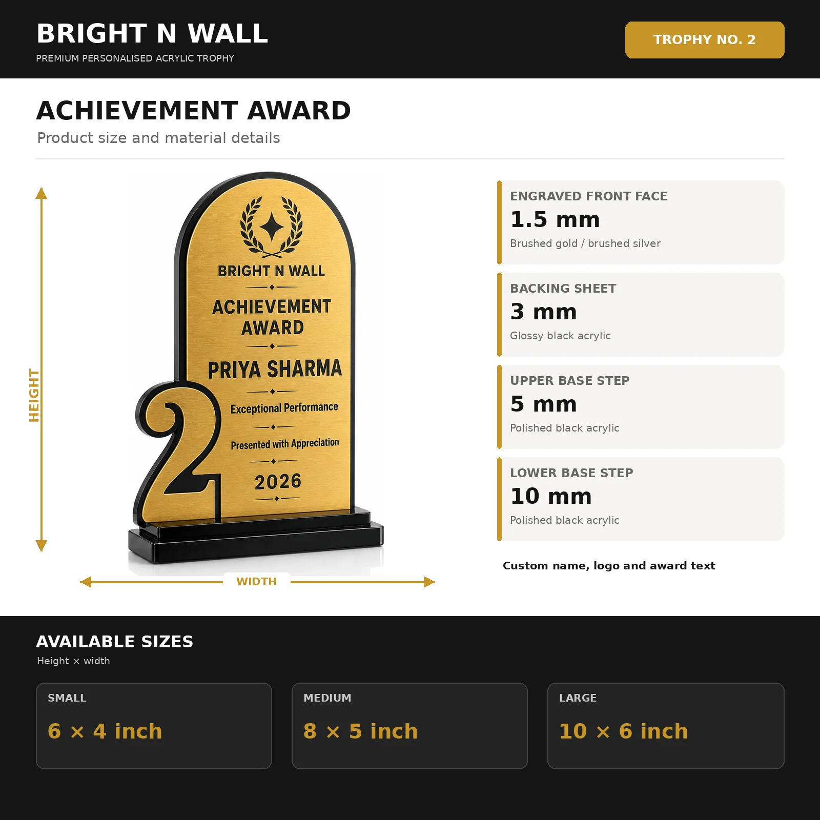 Bright N Wall No. 2 Achievement Award trophy size options 6 × 4, 8 × 5 and 10 × 6 inch with material details