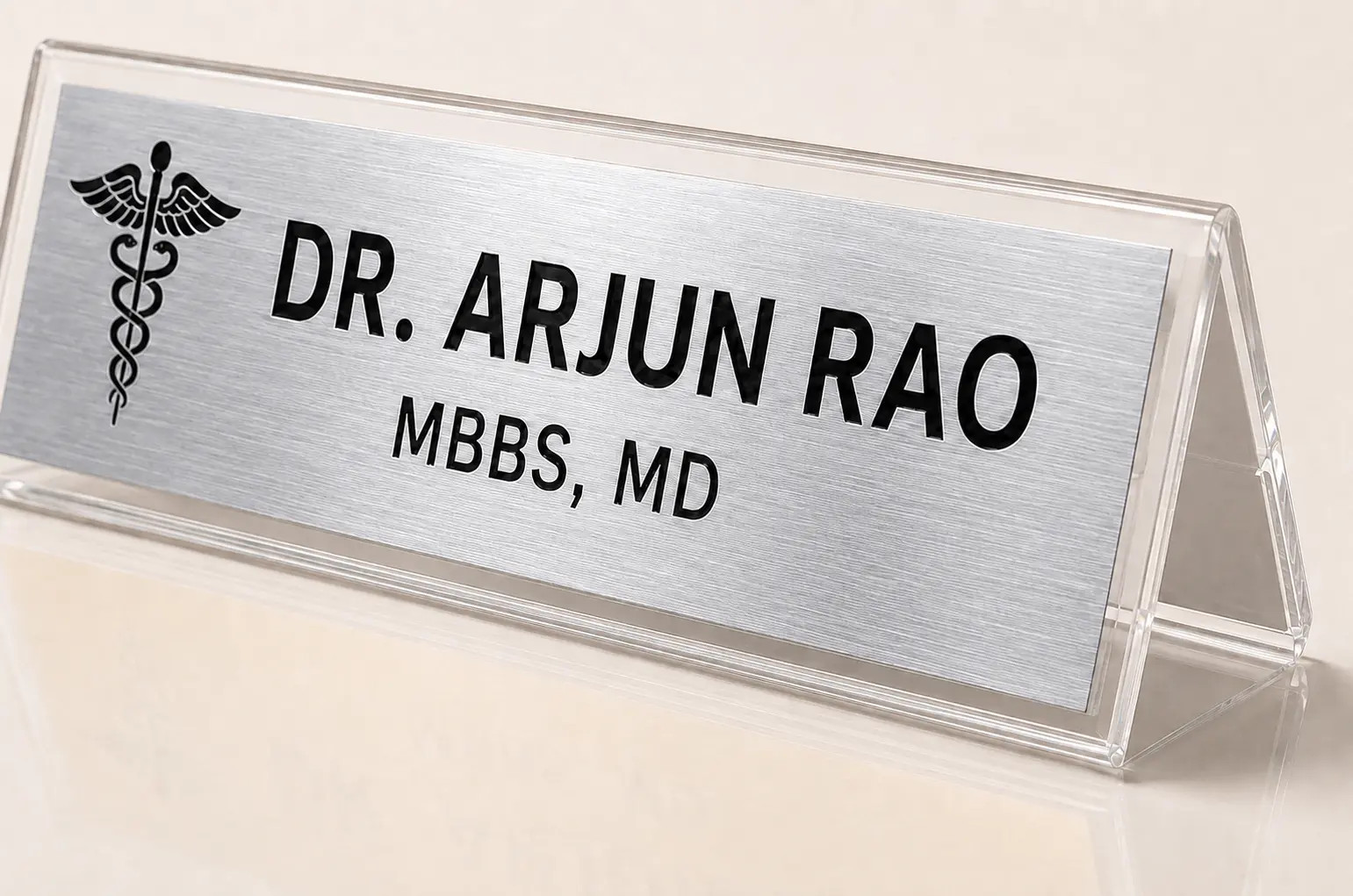 Close-up of 1.5 mm brushed silver sheet, black laser engraving and 5 mm clear acrylic border