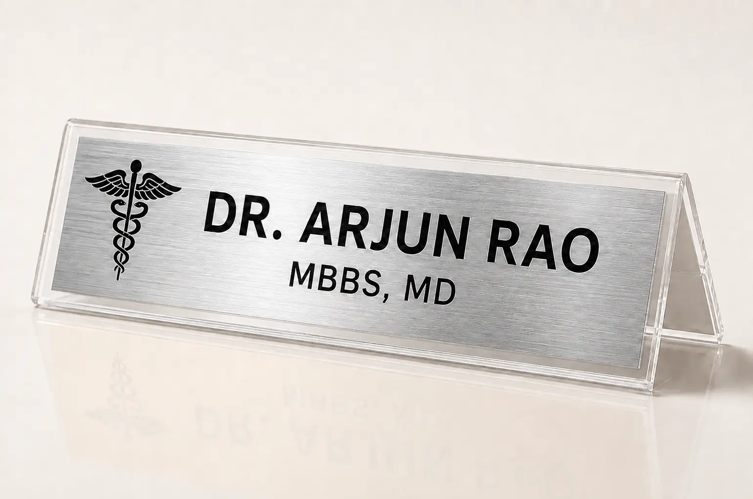 Custom brushed silver desk name plate with clear acrylic stand, doctor symbol and personalised name